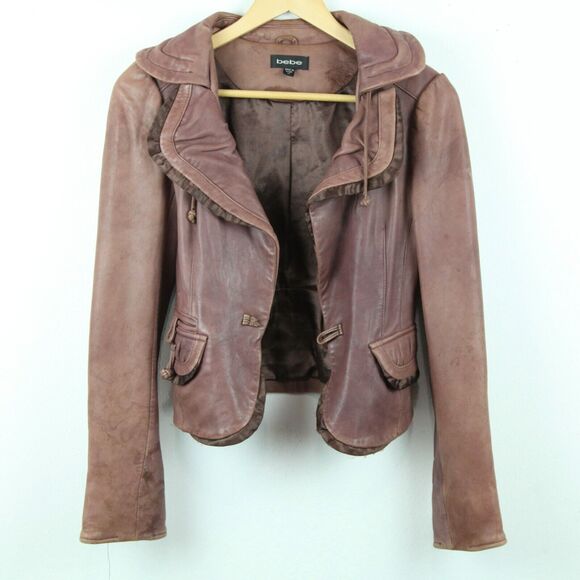 bebe Jackets & Blazers - DAMAGE VTG Y2K Bebe Leather Jacket XS Brown Ruffle Coquette Twee Fairy Grunge